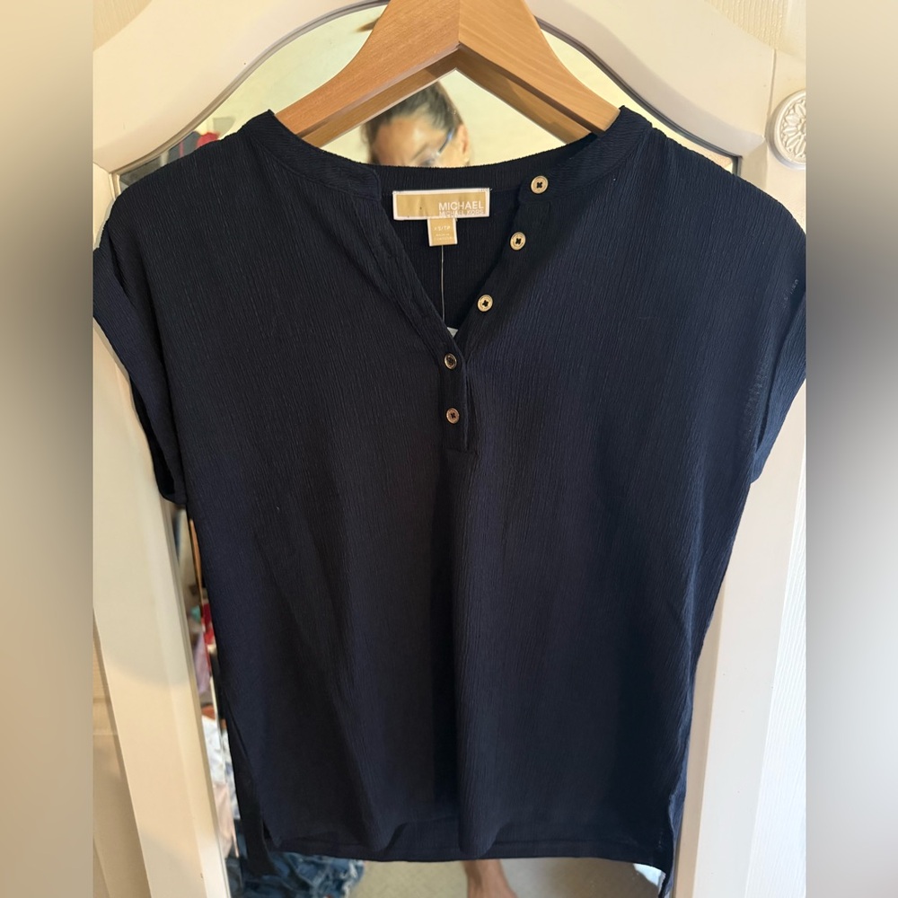 Navy Blue Women's Top Blouse Michael Kors Navy Admiral Blue Gold Buttons XS